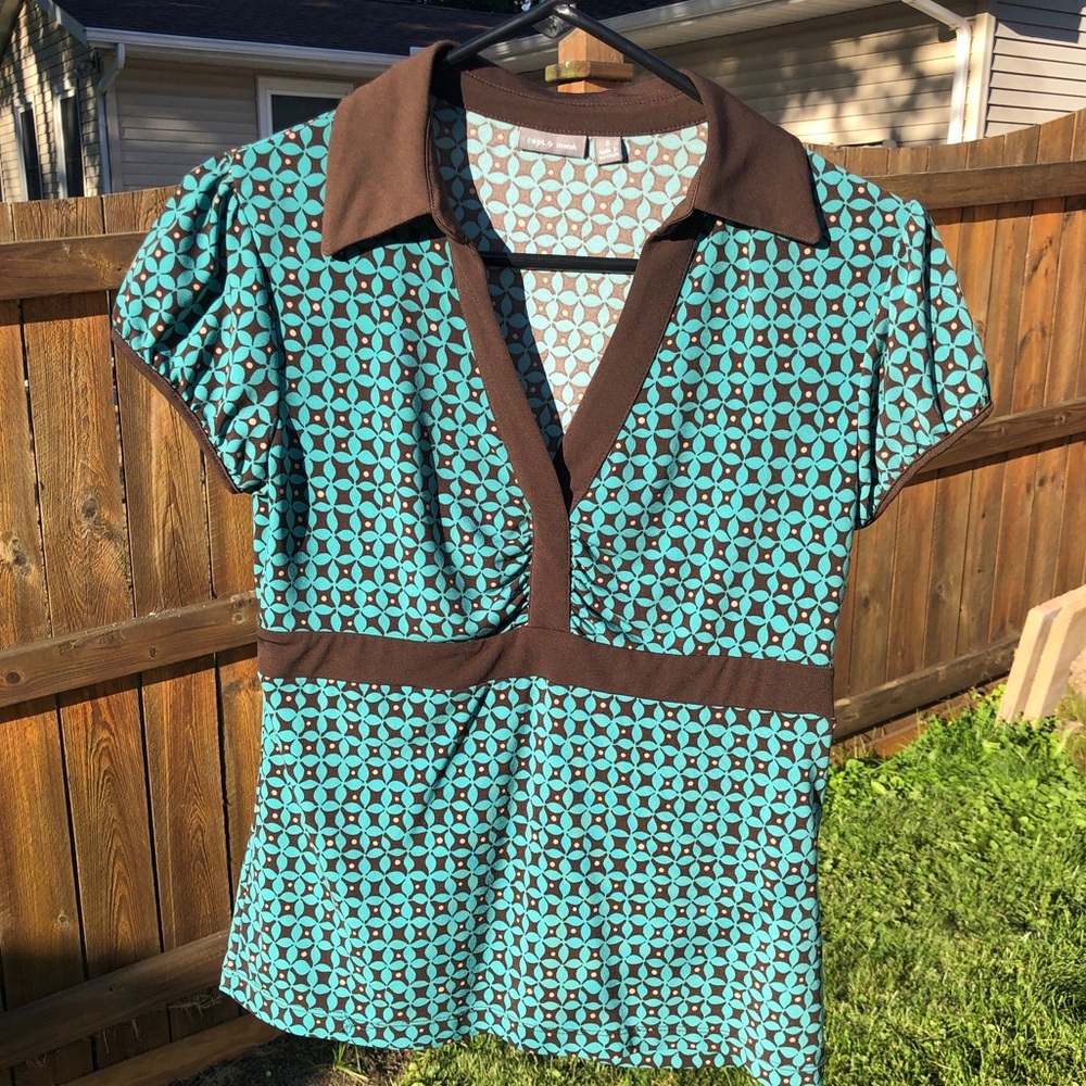 Apt. 9 Teal and brown short sleeve shirt, Small